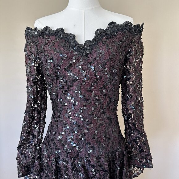 Vintage Lillie Rubin sz 6 80s 90s Black Brown Sequin Cocktail Prom Dress Formal - Picture 2 of 12